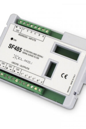ELMO SF485 Filtro SSF di protezione per seriali RS-485/422. Protegge fino a 3 linee seriali simultaneamente Uscite: 3 uscite 12 Vcc di distribuzione alimentazione. Alimentazione: 12 Vcc.